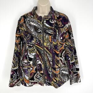 Chico’s Womens Zip Front Corduroy Jacket XL/3 Paisley Floral Black Purple Brown